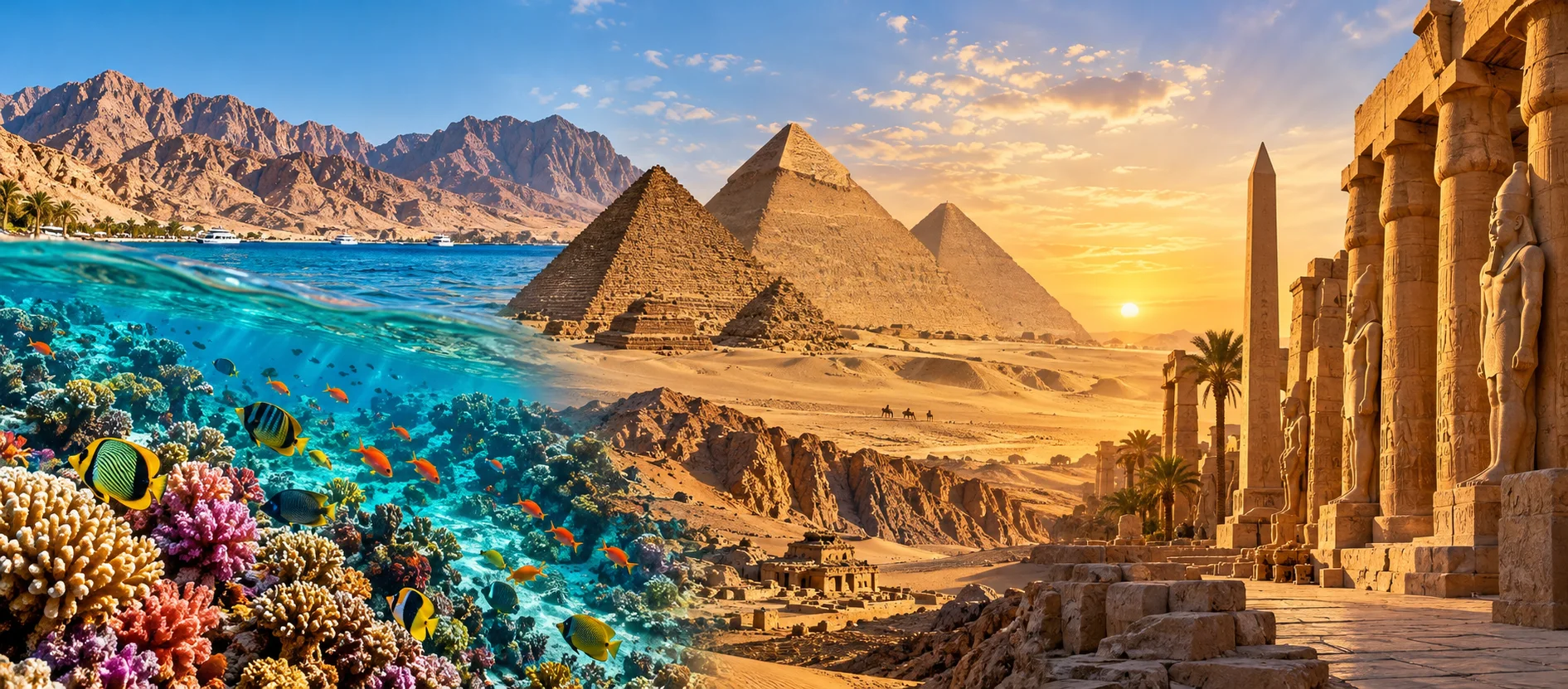A collage of the Red Sea coral reef, Sinai desert, Pyramids of Giza and Luxor temples